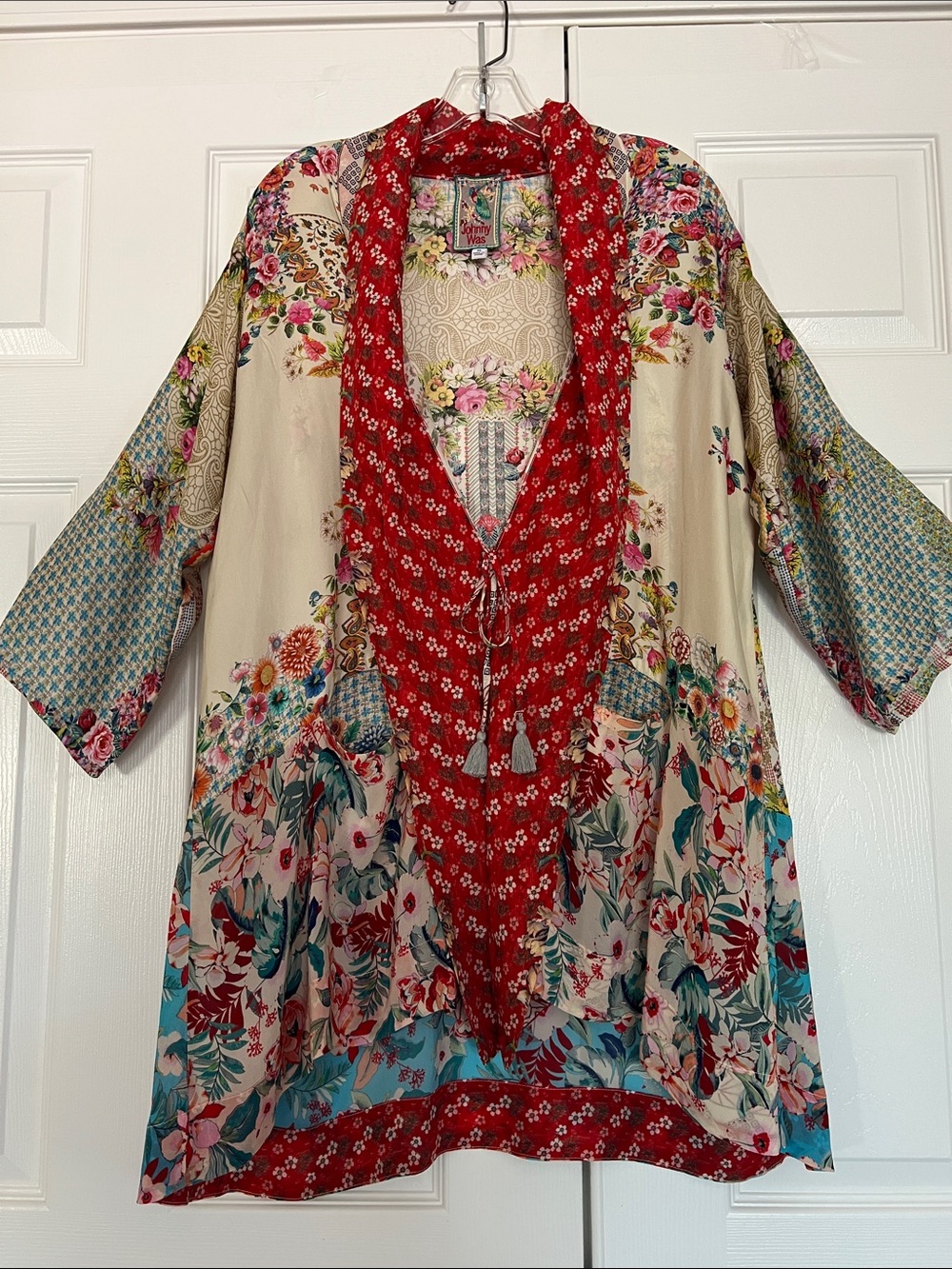 Johnny Was Cream/Red Silk Open Front Kimono Top Tunic Red Trim Floral Pattern